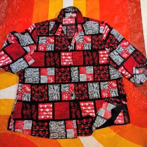 Vintage Notations Women's 1X Shirt Blouse Top, Patchwork Red Black & White 80's